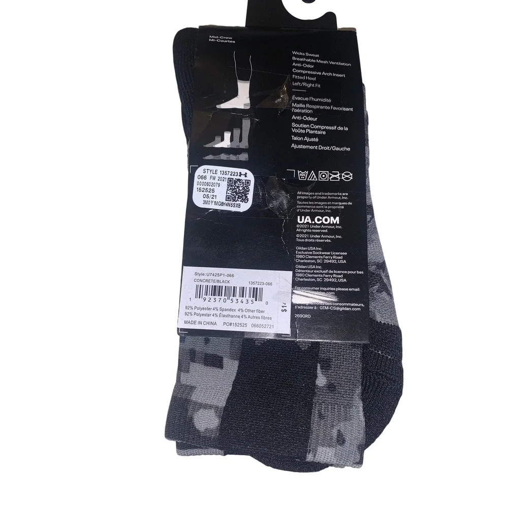 Under Armour Playmaker Mid-Crew Socks Concrete Black Camo Men 8-12 Women 9-12